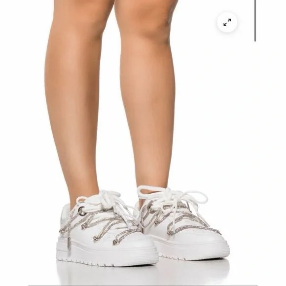 White Sneakers with Silver Accents with Rhinestone Lace - Picture 9 of 12